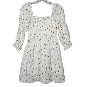 Kourt Cottagecore Floral Square Neck Smocked White Mini Dress Size Medium